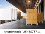 Package Boxes Wrapped Plastic Stacked on Pallets. Loading Goods into Container Trucks. Distribution Warehouse Shipping, Supply Chain Supplies, Shipment. Freight Truck Logistics Transportation.