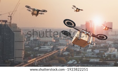 Package cardboard box drones fly above  sky,business concept and  air transportation industry, through rapid delivery,Unmanned aircraft robot to home,and controlled by remote artificial intelligence