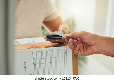 Package delivery to home, credit card for payment and in person collection of online ecommerce products. Courrier transports box to customer location, safe and with payment machine technology on hand