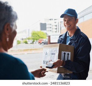 Package, delivery man and woman with credit card, payment and fintech for parcel distribution. Courier service, employee and senior customer for ecommerce, transaction and terminal machine at door - Powered by Shutterstock