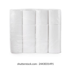 Package with many soft toilet paper rolls isolated on white
