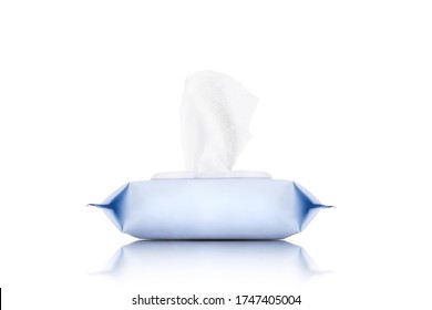 Package of wet wipes or tissue isolated on a white background with clipping path. Concept of hygiene and protection from Covid-19