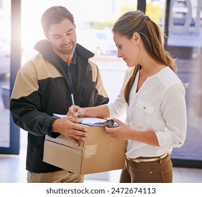 Package, woman and signing delivery with courier for drop off with receipt for company with lens flare. Business, summer and parcel for customer in workplace with writing for order confirmation. - Powered by Shutterstock