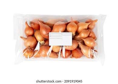 packaged and labeled shallots onion on a white background