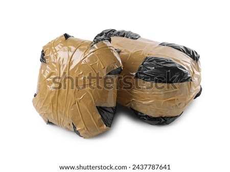 Packages with narcotics isolated on white. Drug addiction