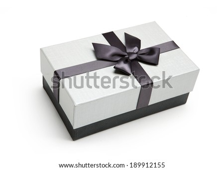 Packaging box  studio shot of black and white box wrapping ribbon with bowknot - isolated on white background 