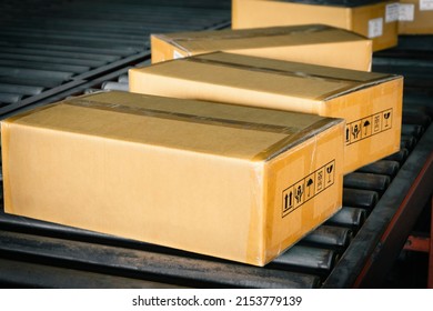 Packaging Boxes Sorting on Conveyor Belt. Cardboard Boxes. Storehouse. Distribution Warehouse. Shipping Supplies Warehouse. Cargo Shipment. Warehouse Logistics.	
