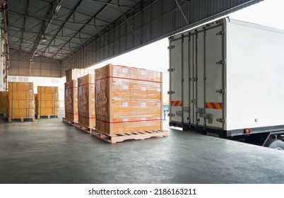 Packaging Boxes Wrapped Plastic Stacked on Pallets Loading into Cargo Container. Shipping Trucks. Delivery. Supply Chain Shipment. Distribution Supplies Warehouse. Freight Truck Transport  Logistics.	 - Powered by Shutterstock