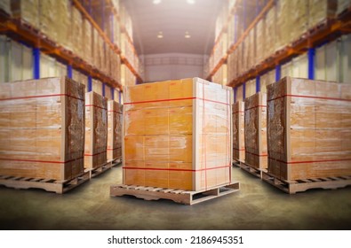 Packaging Boxes Wrapped Plastic Stacked on Pallets in Storage Warehouse. Cartons Pallets Supply Chain. Inventory Shelf Storehouse Distribution. Cargo Shipping Supplies Warehouse Logistics.	
				