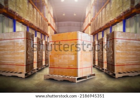 Packaging Boxes Wrapped Plastic Stacked on Pallets in Storage Warehouse. Cartons Pallets Supply Chain. Inventory Shelf Storehouse Distribution. Cargo Shipping Supplies Warehouse Logistics.	
 Сток-фото © 