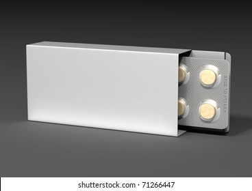 Packaging and yellow pill with a gray background
