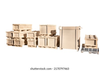 a lot of packed cargo wooden boxes made of plywood on pallets prepared for transportation isolated on a white background