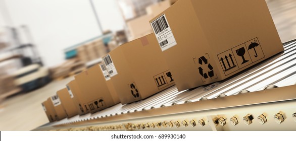 Packed courier on production line against  cardboard boxes in warehouse - Shutterstock ID 689930140