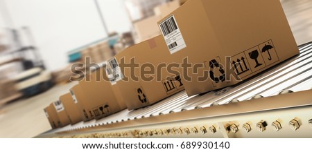 Packed courier on production line against  cardboard boxes in warehouse