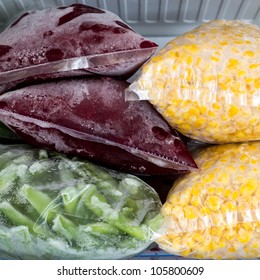 Packed Frozen Vegetables In Freezer.