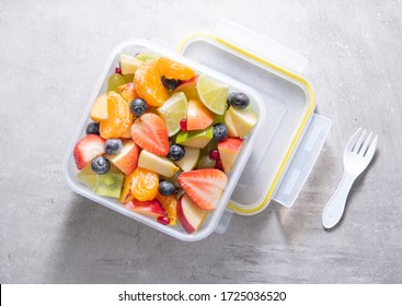 Packed Fruit Salad In Plastic Box Or Container. Healthy Meal To Go