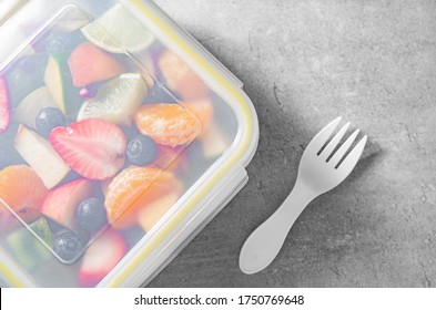 Packed Fruit Salad In Plastic Box Or Container. Healthy Meal To Go