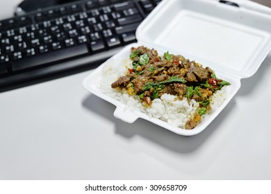 Packed Lunch Fried Basil Leaf With Beef Eat With Rice On Table Work