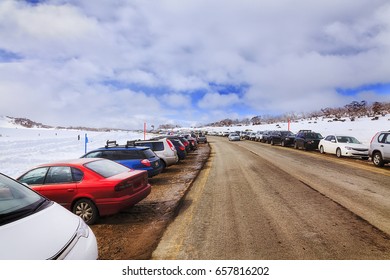 Packed Parked Cars Along The Road To Perisher Ski Resort In Perisher Valley Of Snowy Mountains In Australia. 