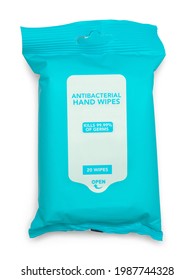 Packet Of Antibacterial Hand Wipes Cut Out On White.