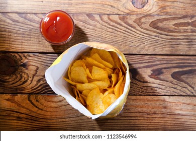 Packet Of Chips. Food Background. Potato Chips.Top View. Mock Up. Copy Space.Template. Blank.