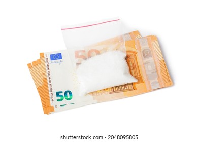 Packet With Narcotic And Money Isolated On Black Background