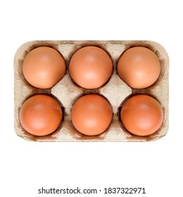 Packing, Box Of Brown, Beige Eggs Isolated On White Background. Top View, 6 Pieces.