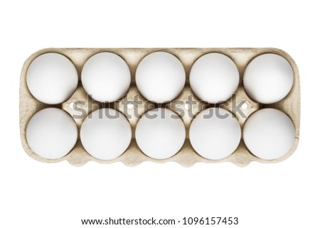 packing, box of white eggs isolated on white background, top view, 10 pieces