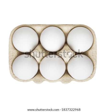 Packing, box of white eggs isolated on white background, top view, 6 pieces