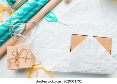 Packing Gift Box With Wrapping Paper Copy Space