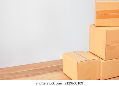 Packing Products For Delivery, Shipping Service. Delivery Concept For Private Companies Delivery With Care, Craft Present Box. Online Shopping. Packed Household Stuff For Moving Into New House.