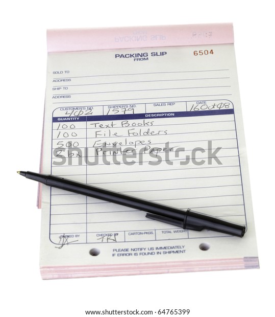 Packing\
Slip List, Pen, Pad Isolated White\
Background