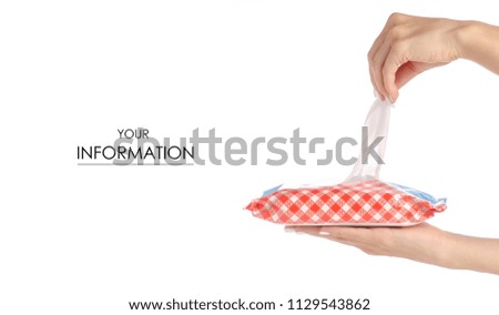 Packing wet wipes in hands pattern on a white background isolation