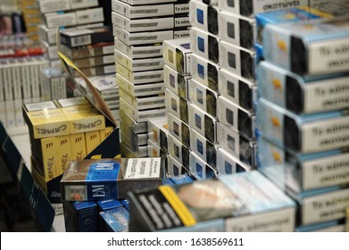 Packs Of Cigarettes Of Many Brands At A Local Tobacco Shop, Athens Greece February 07 2020