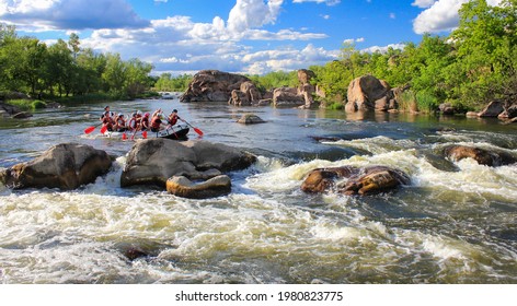 Pacuare River, Costa Rica -MAY  15 2021: Rafting Team , Summer Extreme Water Sport. Group Of People In A Rafting Boat, Beautiful Adrenaline Ride Down The River.