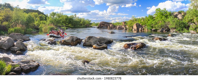 Pacuare River, Costa Rica -MAY  15 2021: Rafting Team , Summer Extreme Water Sport. Group Of People In A Rafting Boat, Beautiful Adrenaline Ride Down The River. Panoramic View