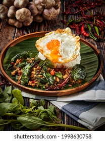Pad Ka Prao, Thai food, Spicy famous  of thai food, Selective focus of eggs.