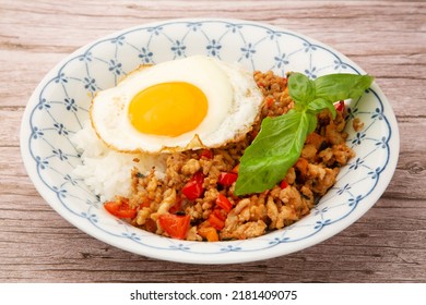 Pad Krapow Basil And Minced Meat Stir Fry Served With Rice
