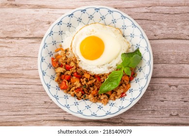 Pad Krapow Basil And Minced Meat Stir Fry Served With Rice
