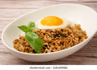 Pad Krapow Basil And Minced Meat Stir Fry Served With Rice
