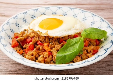 Pad Krapow Basil And Minced Meat Stir Fry Served With Rice