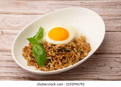 Pad Krapow Basil And Minced Meat Stir Fry Served With Rice