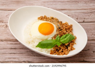 Pad Krapow Basil And Minced Meat Stir Fry Served With Rice