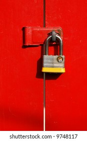 Pad Lock On Red Door; Balboa Park; San Diego, California