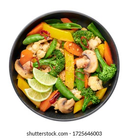 Pad Pak Ruam Or Veg Thai Stir-Fried Vegetables In Black Bowl Isolated On Backdrop. Pad Pak Is Thailand Cuisine Vegetarian Dish With Mix Of Vegetables And Sauces. Thai Food. Top View