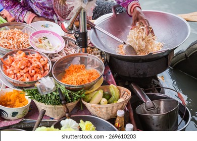 Pad Thai Cooking On The Boat In Amphawa Floating Market