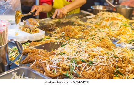 Pad Thai Noodle Or Stir-fried Rice Noodle. Thai Cooking. Street Food Bangkok In Thailand.