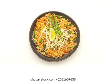 Pad Thai On A Dish Isolated On A White Background. Top View. Thai Foods Famous.