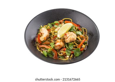 Pad Thai Shrimp Noodle Fried Thai Food Isolated On White Background Side View