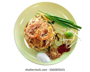 Pad Thai Shrimp Top View With White Background